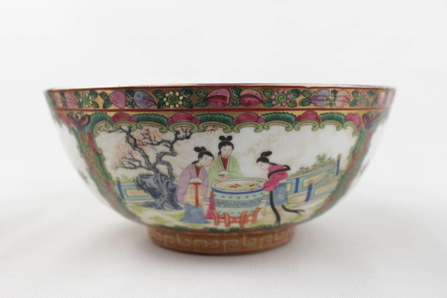 Large Famille Rose figural decorated Chinese bowl with central medallion, stamped Red ink mark to - Image 3 of 5