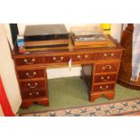 20thC Leather topped Pedestal desk with brass drop handles