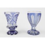 TWO 19TH CENTURY BOHEMIAN SPA GLASSES, blue flashed and cut, one with flared trumpet bowl on lobed