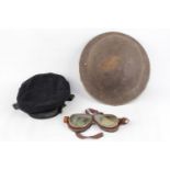 WW1 Tommy Helmet, RAF Flight Googles and a Naval Cap marked HMS