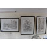 Denny Gaudin Local artist, 3 Signed Pen and Ink pictures of Architectural scenes