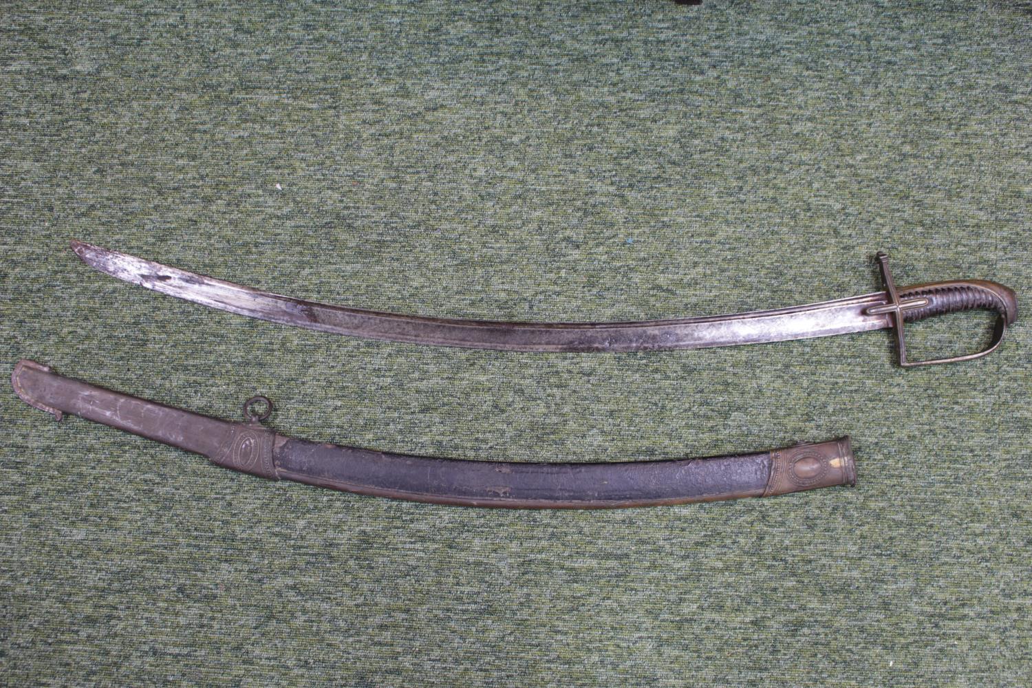 Pattern 1796 Curved Sword with scabbard marked and engraved figural decoration to the blade '