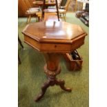 Victorian Walnut Octagonal Trumpet Ladies Sewing stand on carved base