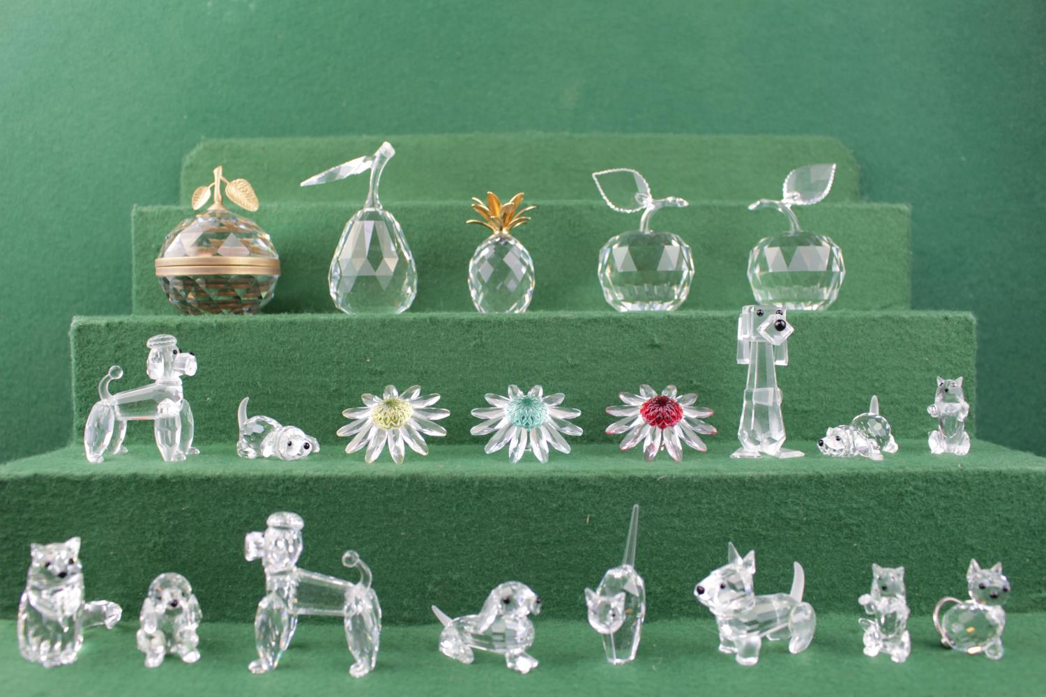 Large collection of Swarovski Crystal Animals and figures some boxed inc. Fruit, Dogs and Flowers