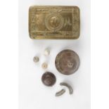 WW1 Christmas 1914 Brass Tobacco Tin, Brass WW1 Shell Cap No.102 and assorted Shrapnel
