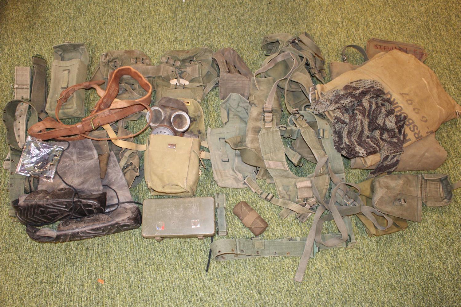 Box of Military Webbing equipment inc. Gas Mask, Pouches, and Kit Bags