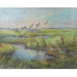 Oil on canvas Norwich School Landscape of Wetlands 63 x 50cm Signed