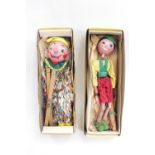 Boxed Pelham Puppet theatre, Boxed Pelham Harlequin Puppet & Boxed Pelham Boy in Green Hat