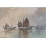 Yong Mun Sen (1896-1962) Malaysian. 3 Malaysian Junks against Shoreline, Watercolour