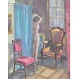 Angela Stones (1914-1995) Nude dressing interior scene Oil on Board. 41 x 51 cm. Studied under her