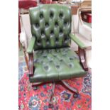20thC Green Leather button back Chesterfield Square backed swivel chair