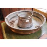 Large Persian Copper cooking pan on chain and a hammered copper cooking bucket