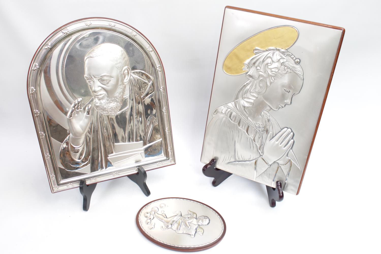 Italian Silver embossed plaque of The Virgin Mary, Pope and Cherub in oval frame