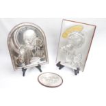 Italian Silver embossed plaque of The Virgin Mary, Pope and Cherub in oval frame