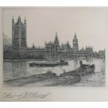 Edward J Cherry FRSA Signed Etching Artist Proof of the Thames towards the houses of Parliament