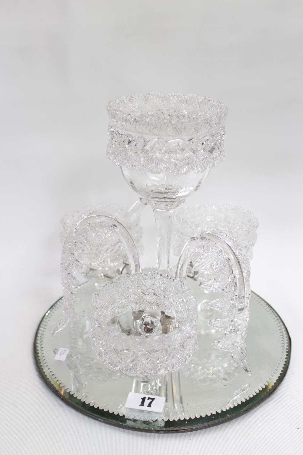 Late Victorian clear glass Epergne of floral and Acanthus form comprising of 4 bowls and 2