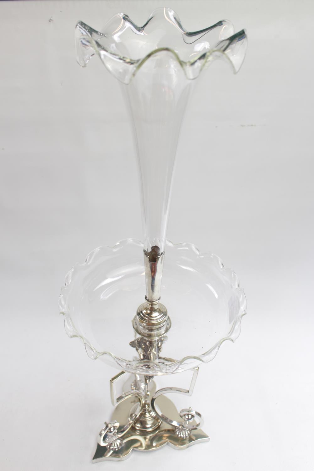 19thC Silver plated Equine decorated table centrepiece of singular glass flared posy over bowl and