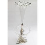 19thC Silver plated Equine decorated table centrepiece of singular glass flared posy over bowl and