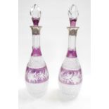Pair of Good quality Amethyst Flash Silver Collared decanters with stoppers
