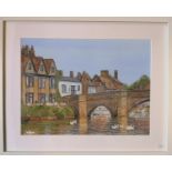 Local Interest; John Bell watercolour of a view at the Old Bridge showing the Tea rooms St Ives,