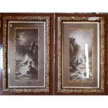 Pr of Good Quality Gesso framed Sepia Twilight Oil paintings depicting stormy seas, signed 23 x 55cm