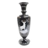 Late Victorian Black Glass vase with applied Stag decoration in naturalistic setting, 32cm in height