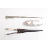 Pair of Early 20thC Silver handled Glove stretchers, Button hook and a Silver Topped Oval glass