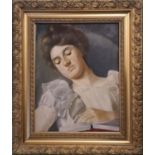 Oil on board of a Edwardian Woman reading in Gilt Gesso frame. 30 x 39cm