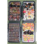 4 Double Sided Wychwood Fly boxes full of Trout, Salmon & Game Fishing flies and lures
