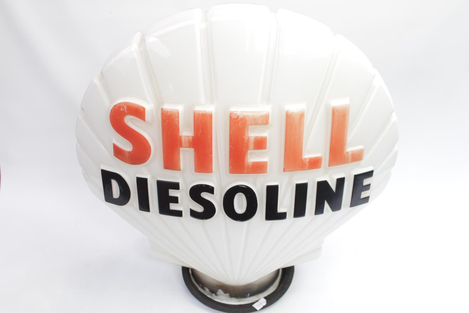 Shell Dieseline Petrol Pump Globe of White Glass background with Red and black lettering, with