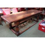 18thC Oak 2 Plank refectory table with peg joints over scroll carved support, turned supports and