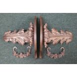 Pair of Harrods Good Quality Gilt Gesso Console tables of scroll detail and 2 matching curtain tie