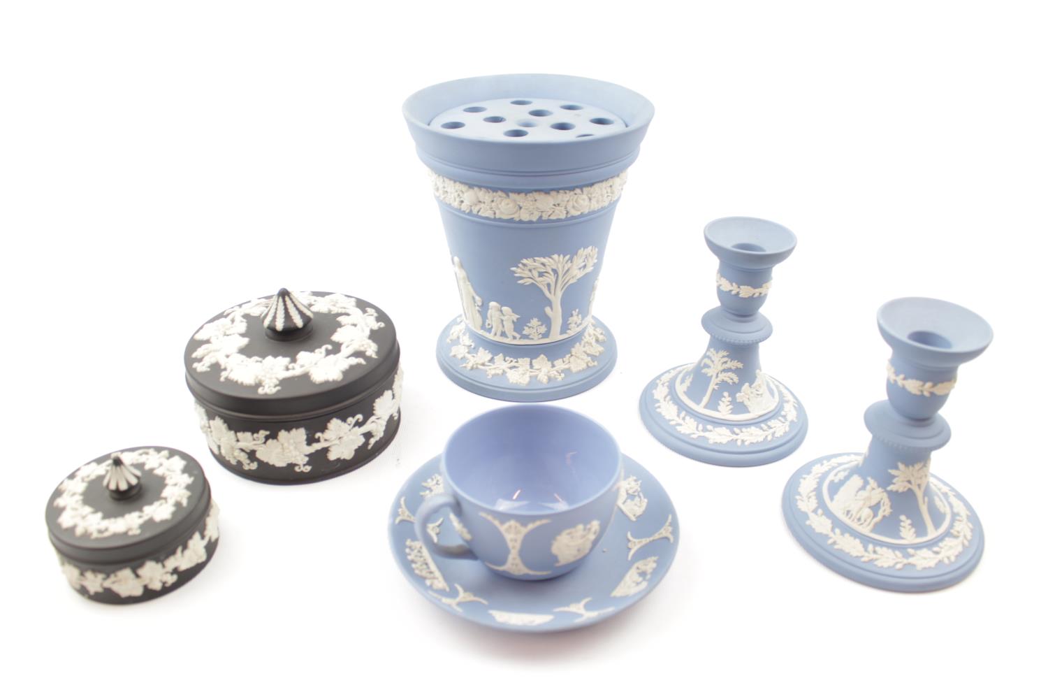 Collection of Pale Blue & Black Basalt Wedgwood Jasperware inc. Flower holder, Candlestick etc