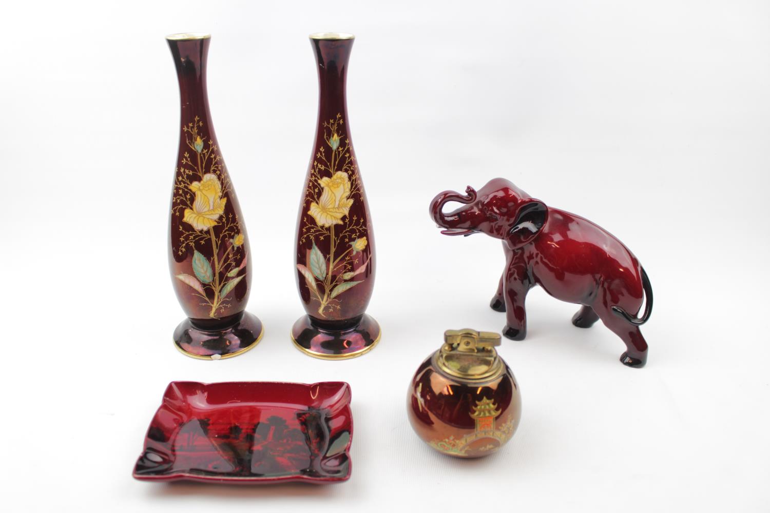 Collection of Carlton ware Rouge Royale (9), Carltonware 1950s Bowl, Royal Doulton Flambe Elephant