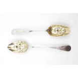 Pr of Georgian Berry Spoons embossed with fruit with Gilded bowls, one Edinburgh and the other