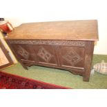 19thC Elm Coffer with carved front on straight legs