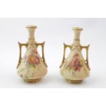 Pair of Royal Worcester Blush Ivory two handled vases with floral sprig decoration pattern 1021 10cm