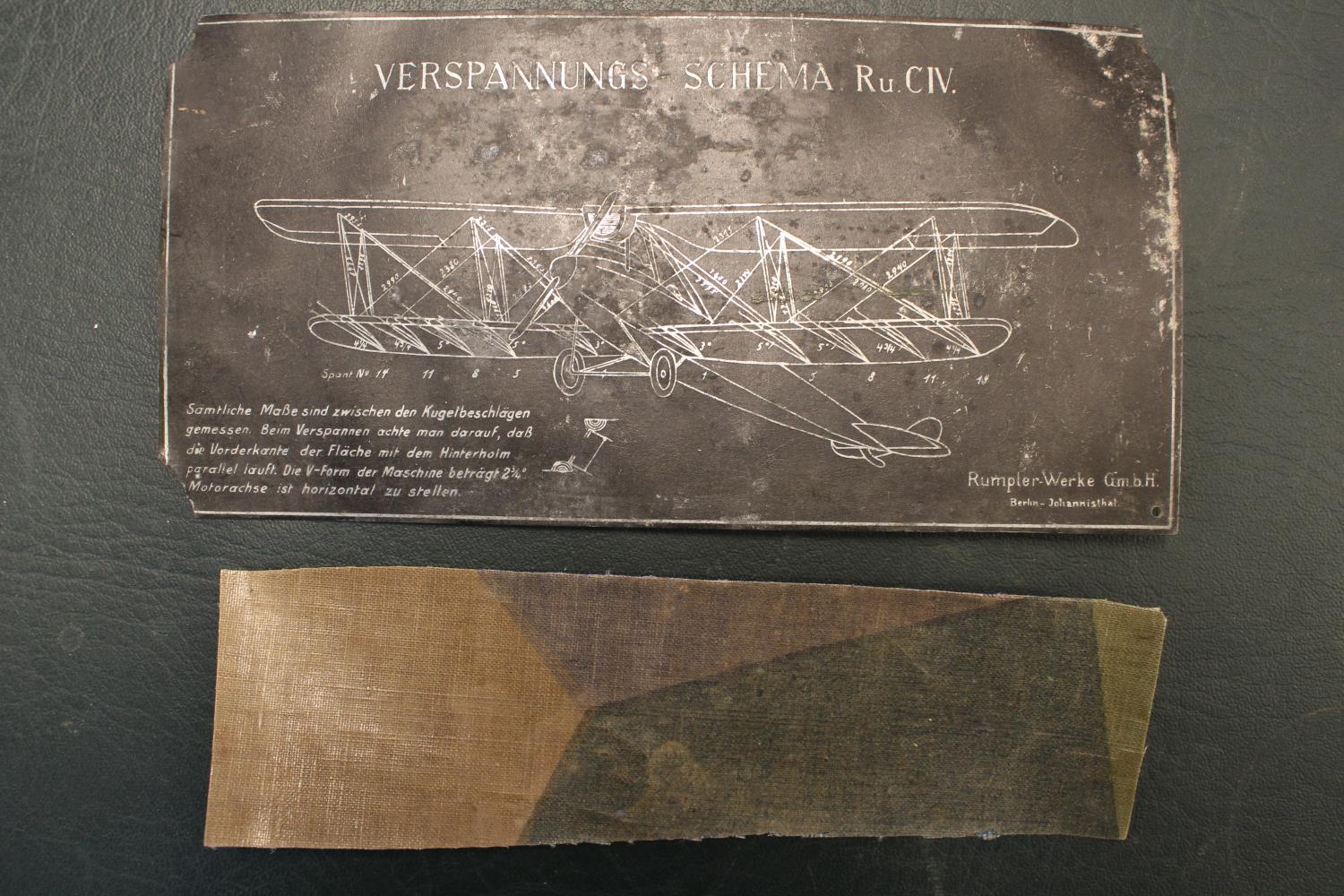 World War One Aircraft data plate/tension diagram, 'Verspannungs-Schema. Ru CIV. Mit Gehobenen