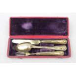 Cased Martin Bros & Co 1830, silver gilt spoon, knife & fork set with kings patter decoration.