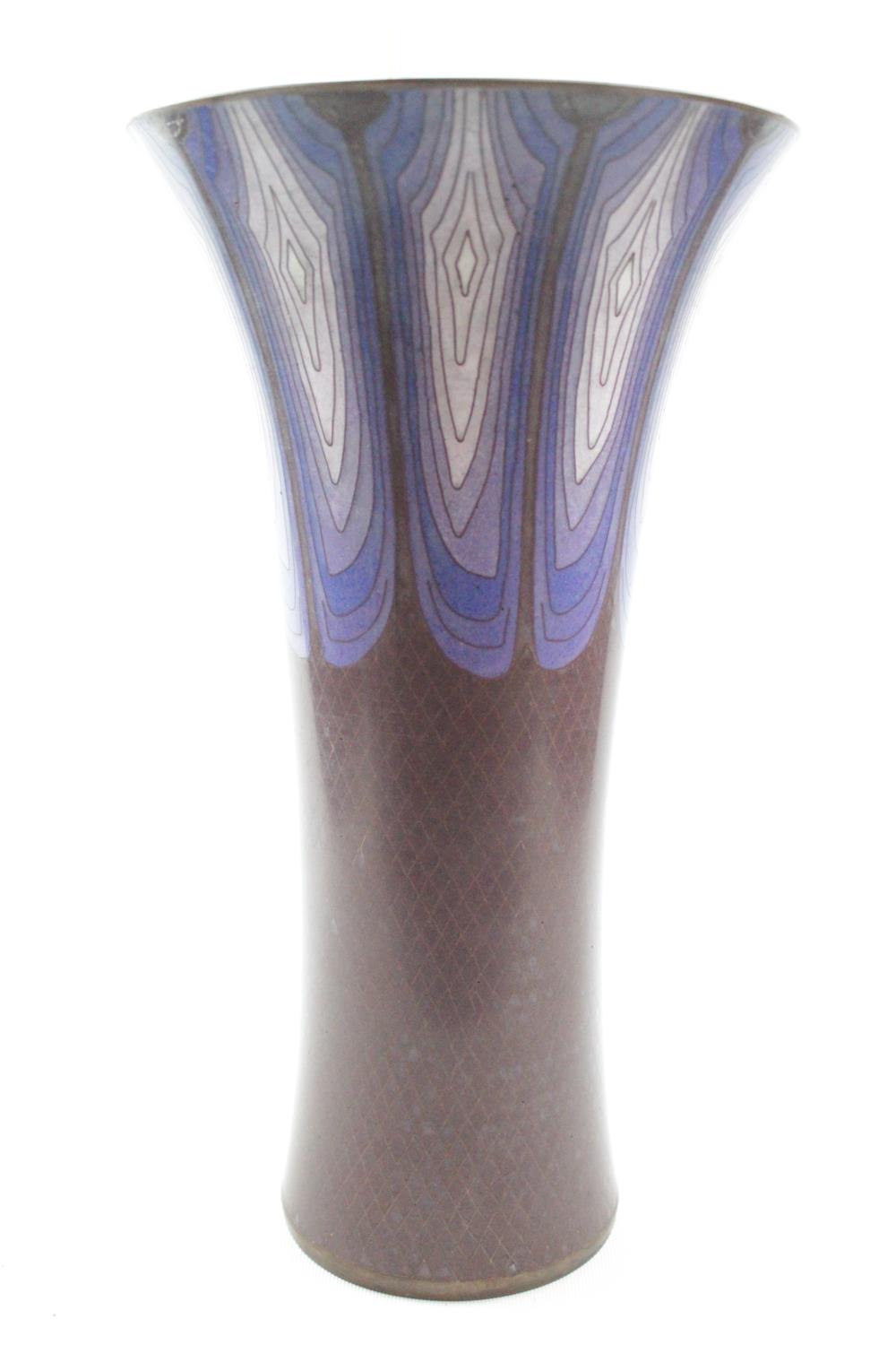 Very Large Fabienne Jouvin of Paris Cloisonne trumpet shaped vase of cross hatched design, good
