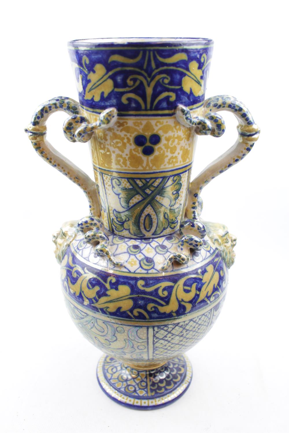 Late 19thC Italian Maiolica Tadino two handled lustre vase. 41cm in Height - Image 2 of 3