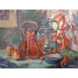 Angela Stones (1914-1995) Oil on board Still Life Jug and Fruit. 56 x 43cm. Studied under her mother