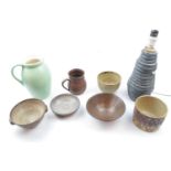 Good collection of 20thC Studio Pottery inc. Lamp Base, Ewer, rice bowls etc