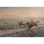 Watercolour in the style of Cecil Aldin of Fox Hunting, 26 x 19cm