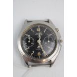 Rare Lemania Steel military chronograph wristwatch, the black dial with applied Arabic numerals,