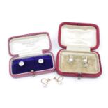 Pair of 9ct Gold Cultured Pearl cuff links, Pair of 9ct Gold Pearl earrings in Mikimoto case and a