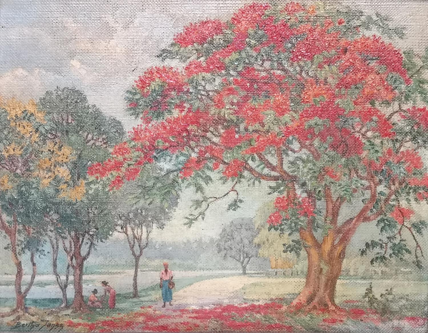 Bertha Jansz, Oil on board, 'The Flamboyant tree' by , 34 x 44cms. Inscribed on reverse