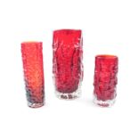 Collection of Ruby Glass bark effect Vases inc. Whitefriars Japanese etc