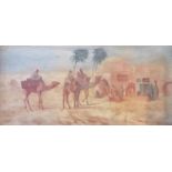 J Coulson, Egyptian oil on board of Camels against a town scene, 63 x 29cm