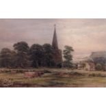 Edmund Cleave Smith 1853-1900, Watercolour of Cattle grazing with church and cottage to background